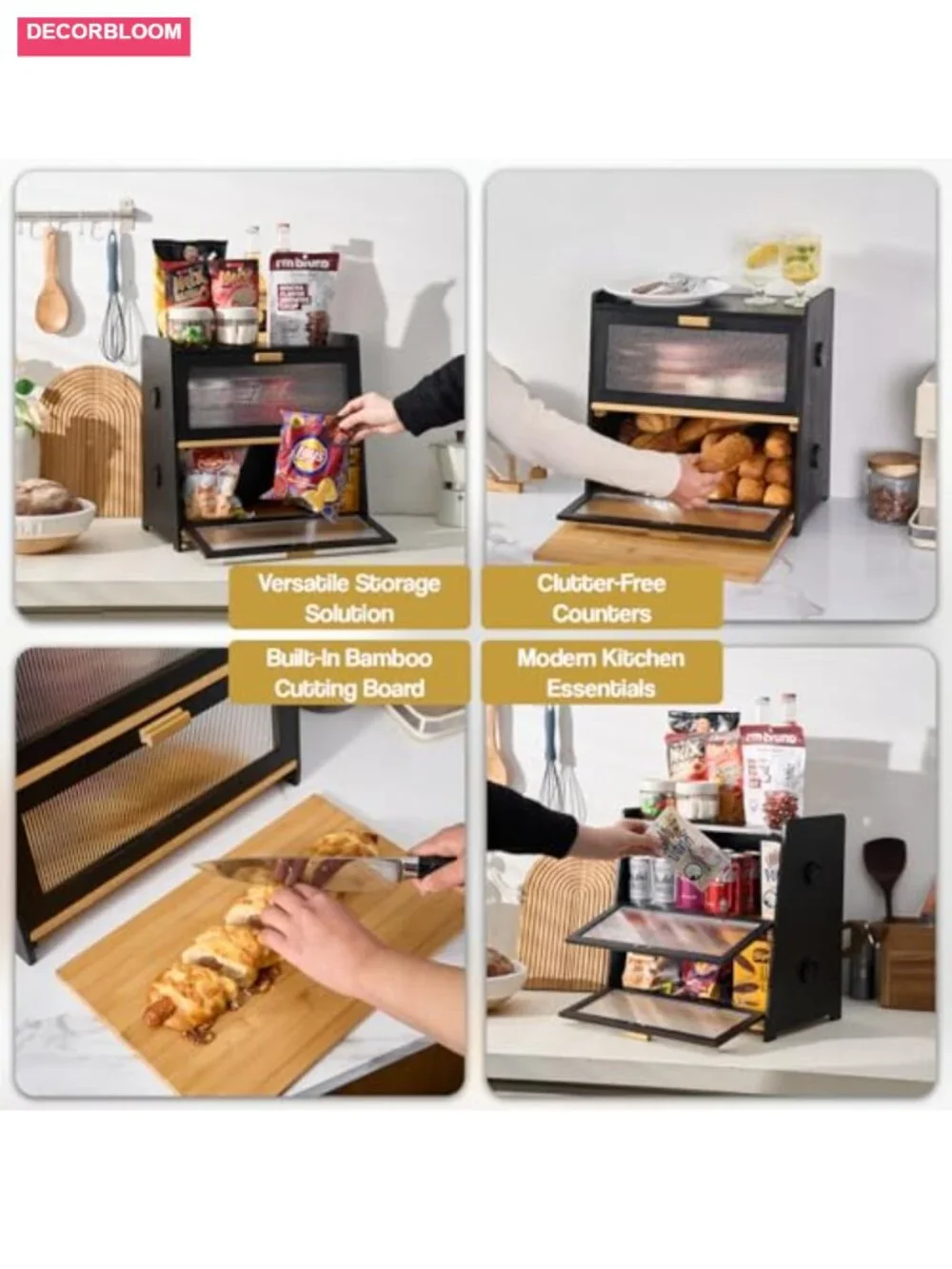 2-Tier Bamboo Bread Box with Cutting Board & Adjustable Vents